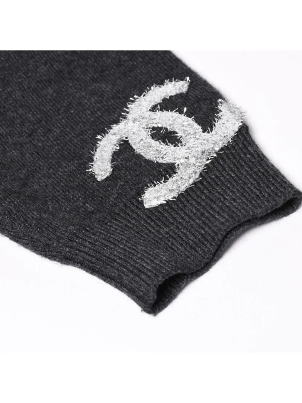 Chanel Cashmere Knit Cardigan CC Logo Glitter Charcoal 38